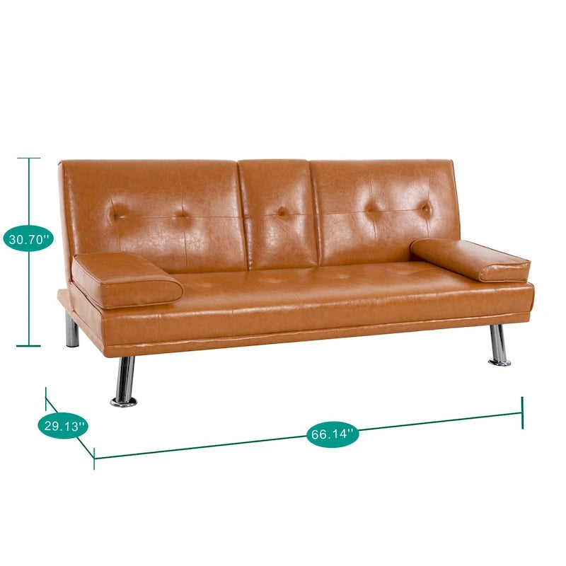 Canapé convertible avec accoudoirs et porte-gobelets, en similicuir, pliant et inclinable, petit canapé