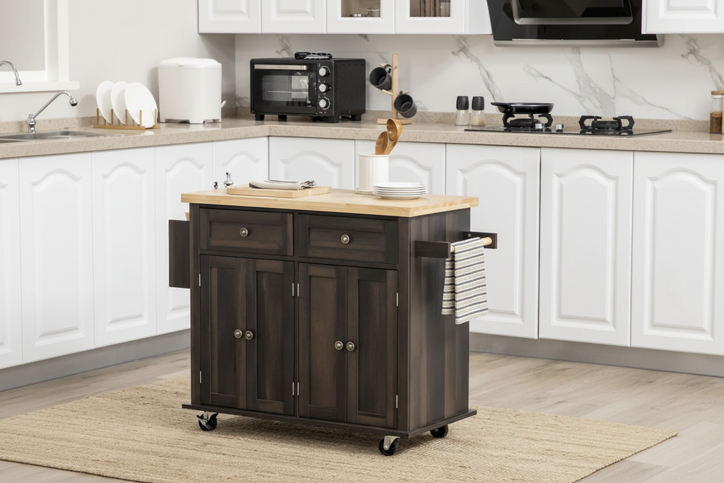 Îlot de cuisine sur roulettes, chariot roulant avec plateau en bois d'hévéa, porte-épices, porte-serviettes et tiroirs pour salle à manger, chêne brun