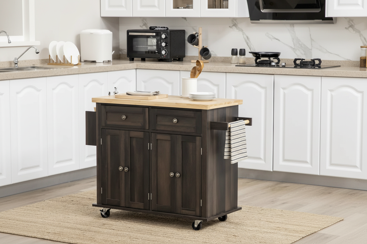 Îlot de cuisine sur roulettes, chariot roulant avec plateau en bois d'hévéa, porte-épices, porte-serviettes et tiroirs pour salle à manger, chêne brun