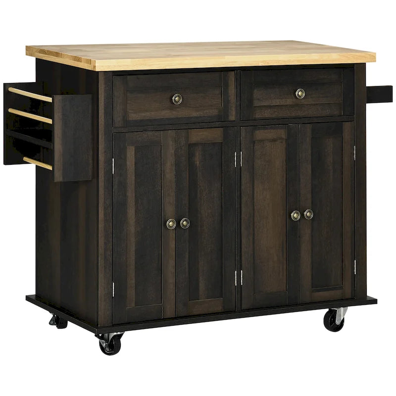 Îlot de cuisine sur roulettes, chariot roulant avec plateau en bois d'hévéa, porte-épices, porte-serviettes et tiroirs pour salle à manger, chêne brun