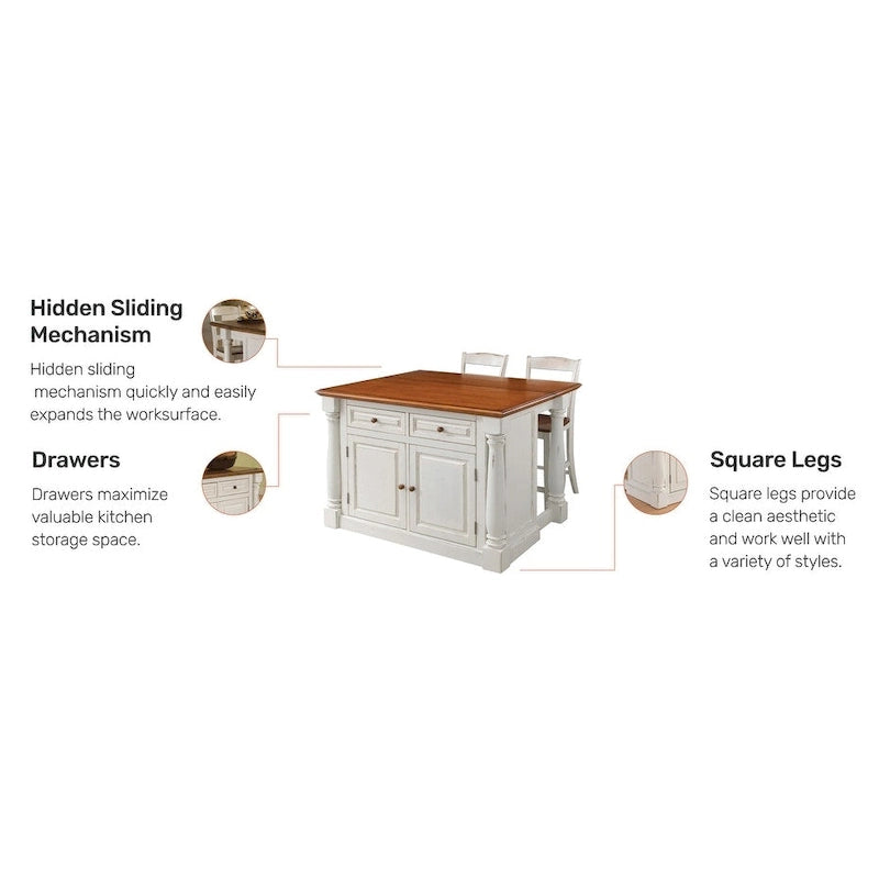 Ensemble îlot de cuisine 3 pièces en bois écru avec plateau rabattable – 122 x 63,5 x 91,5 cm