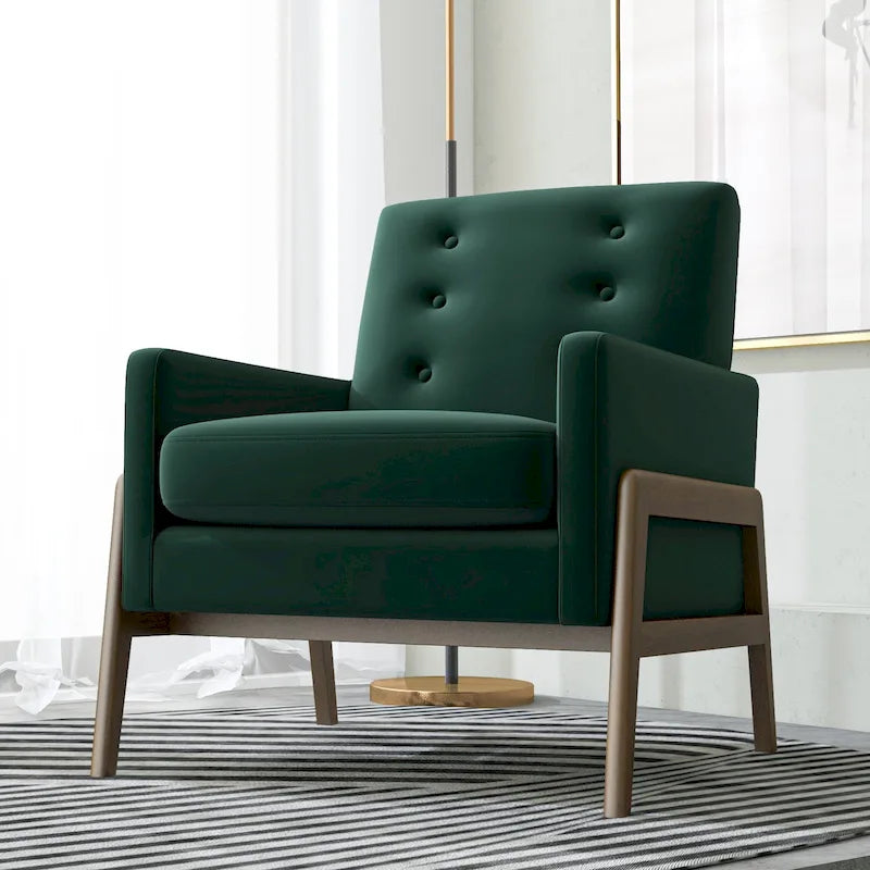 Fauteuil lounge vert forêt en velours avec pieds en noyer (style Mid-Century Modern) - 33