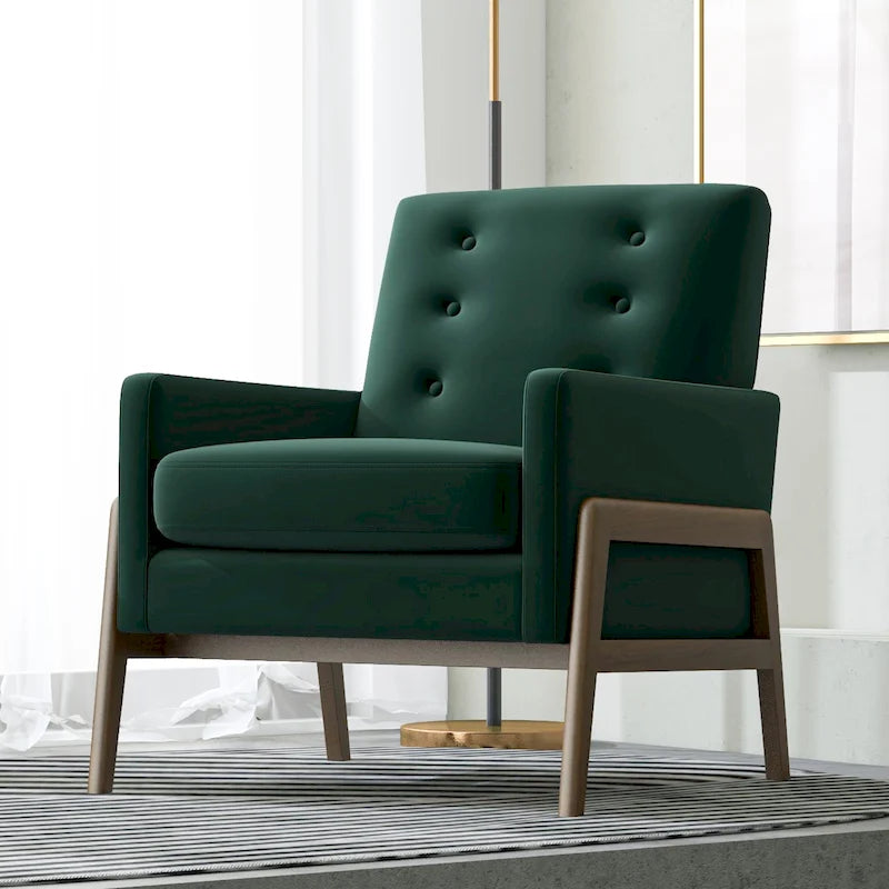 Fauteuil lounge vert forêt en velours avec pieds en noyer (style Mid-Century Modern) - 33
