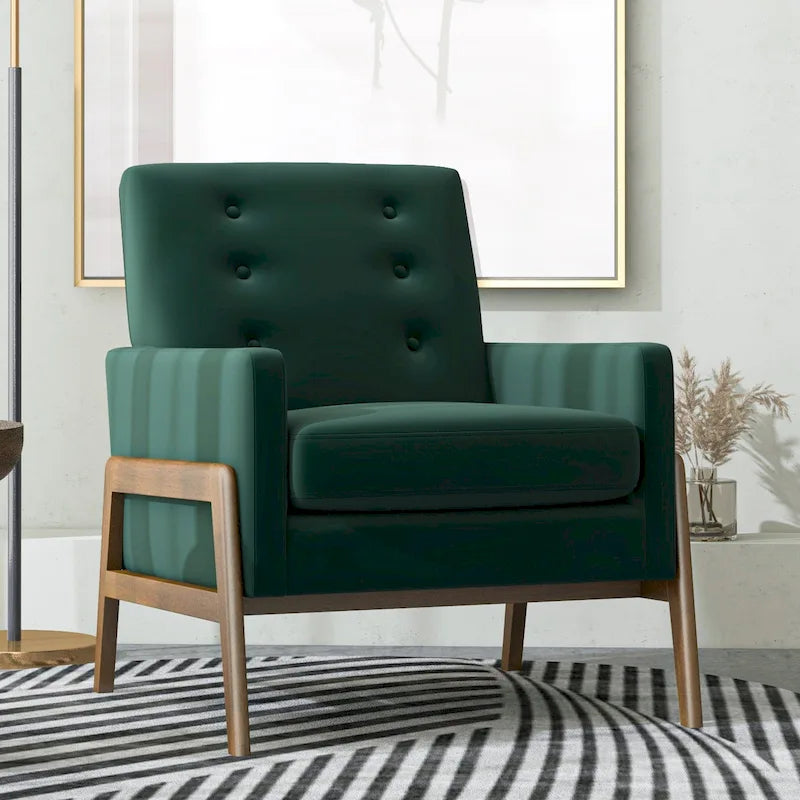 Fauteuil lounge vert forêt en velours avec pieds en noyer (style Mid-Century Modern) - 33