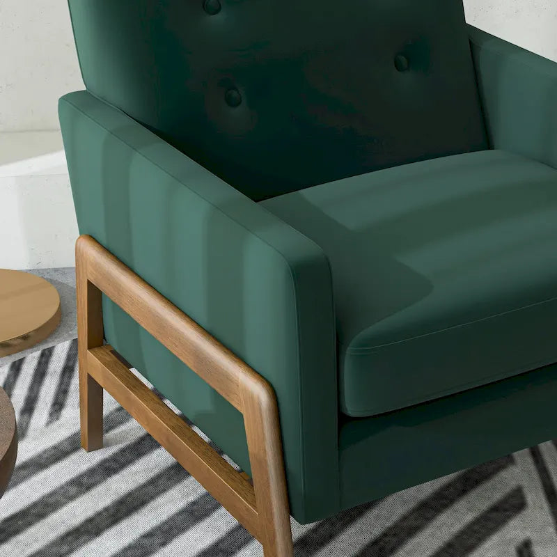 Fauteuil lounge vert forêt en velours avec pieds en noyer (style Mid-Century Modern) - 33