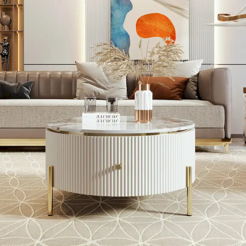 Table basse ronde moderne avec 2 grands tiroirs de rangement