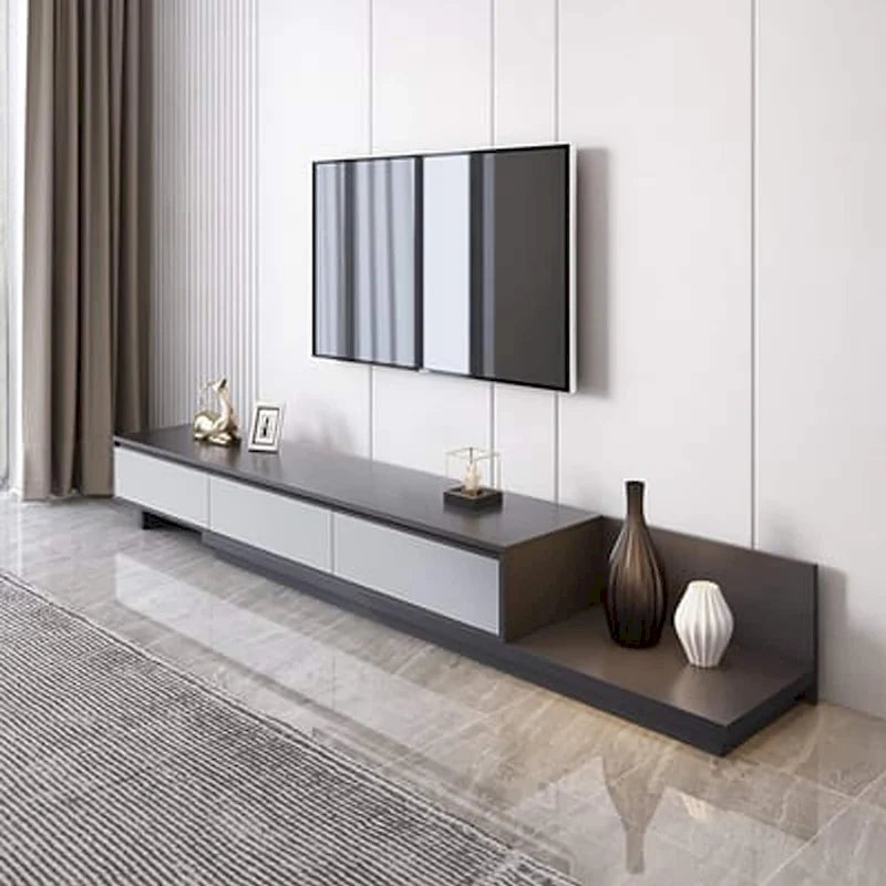 Meuble TV moderne extensible 118 avec 3 tiroirs spacieux, console multimédia à longueur réglable pour salon
