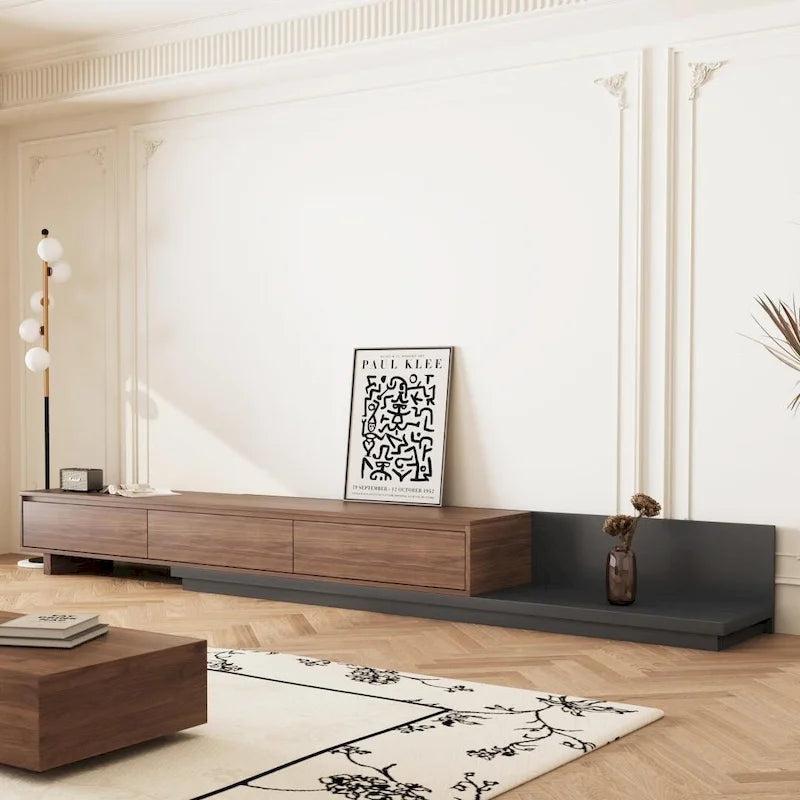 Meuble TV moderne extensible 118 avec 3 tiroirs spacieux, console multimédia à longueur réglable pour salon