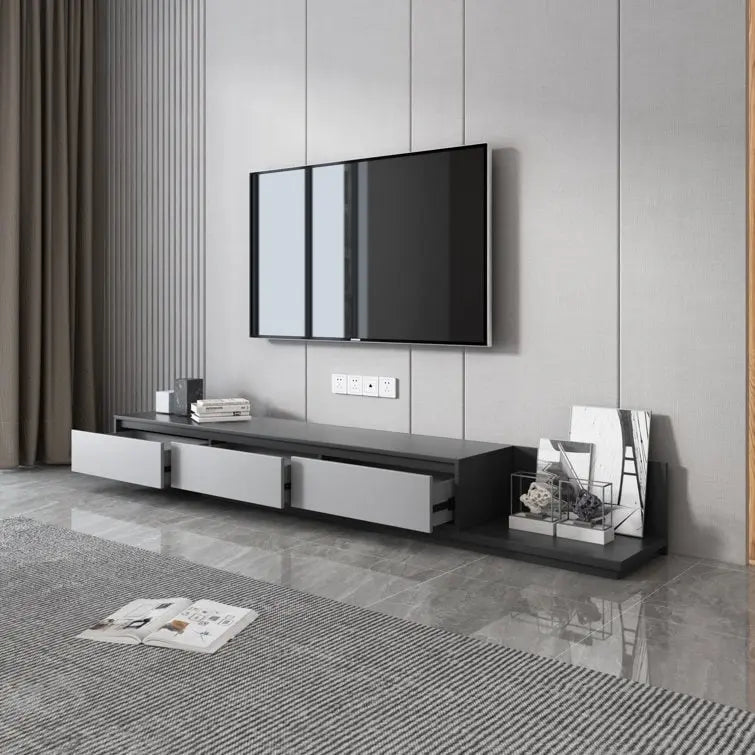 Meuble TV moderne extensible 118 avec 3 tiroirs spacieux, console multimédia à longueur réglable pour salon