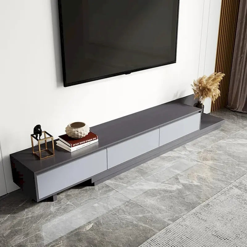 Meuble TV moderne extensible 118 avec 3 tiroirs spacieux, console multimédia à longueur réglable pour salon