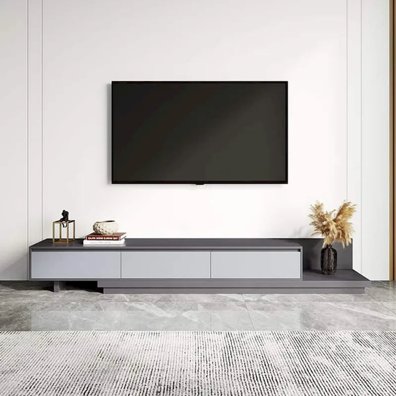 Meuble TV moderne extensible 118 avec 3 tiroirs spacieux, console multimédia à longueur réglable pour salon