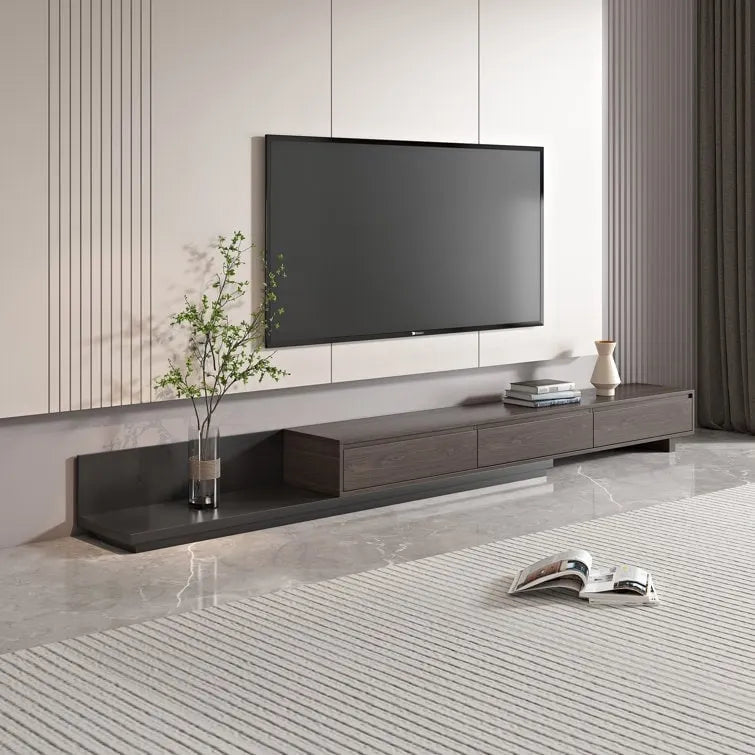 Meuble TV moderne extensible 118 avec 3 tiroirs spacieux, console multimédia à longueur réglable pour salon