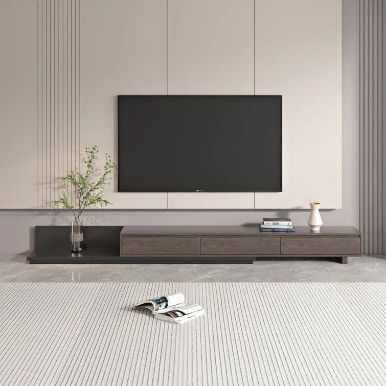 Meuble TV moderne extensible 118 avec 3 tiroirs spacieux, console multimédia à longueur réglable pour salon