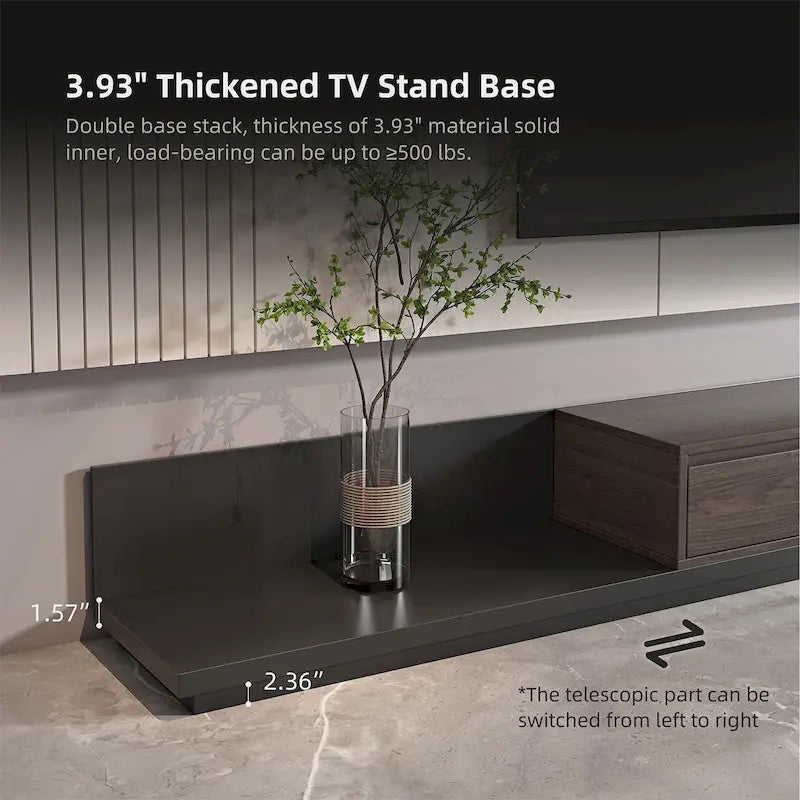 Meuble TV moderne extensible 118 avec 3 tiroirs spacieux, console multimédia à longueur réglable pour salon