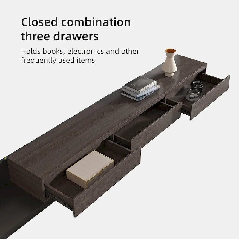 Meuble TV moderne extensible 118 avec 3 tiroirs spacieux, console multimédia à longueur réglable pour salon