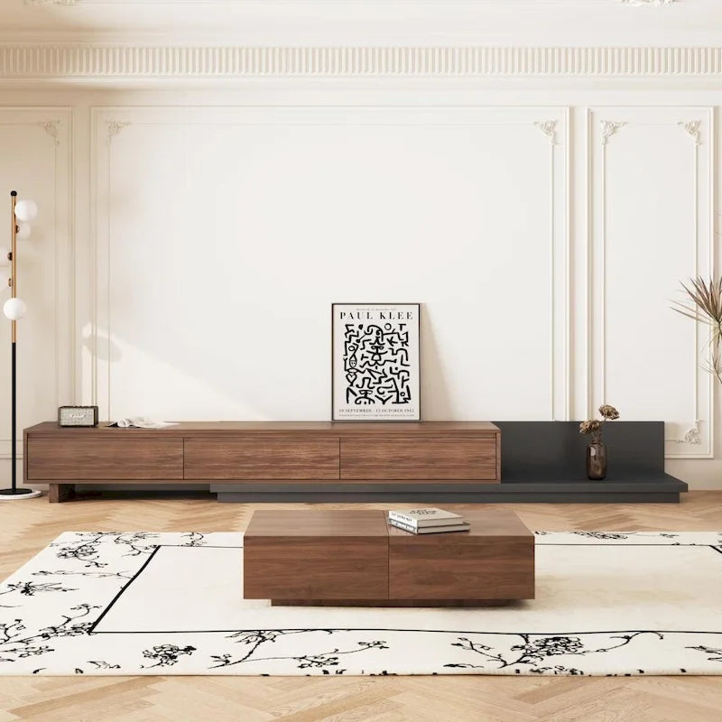 Meuble TV moderne extensible 118 avec 3 tiroirs spacieux, console multimédia à longueur réglable pour salon