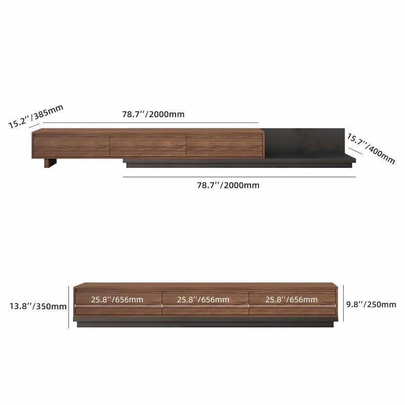 Meuble TV moderne extensible 118 avec 3 tiroirs spacieux, console multimédia à longueur réglable pour salon