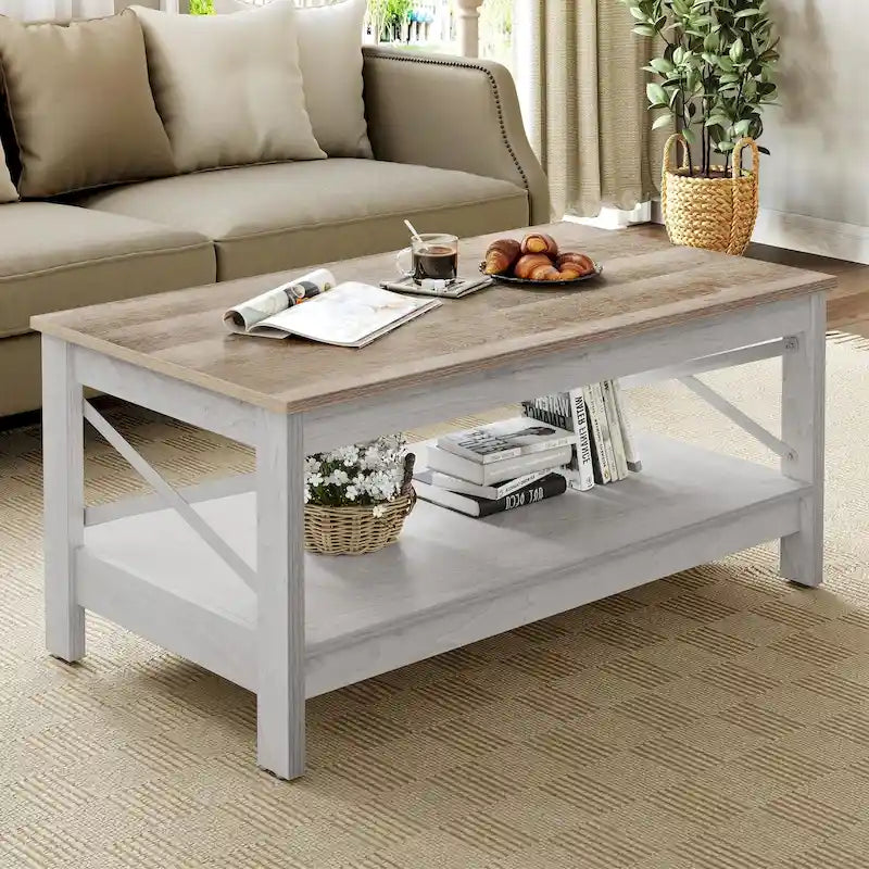 Farmhouse Wood Accent Coffee Table with Large Storage Shelf