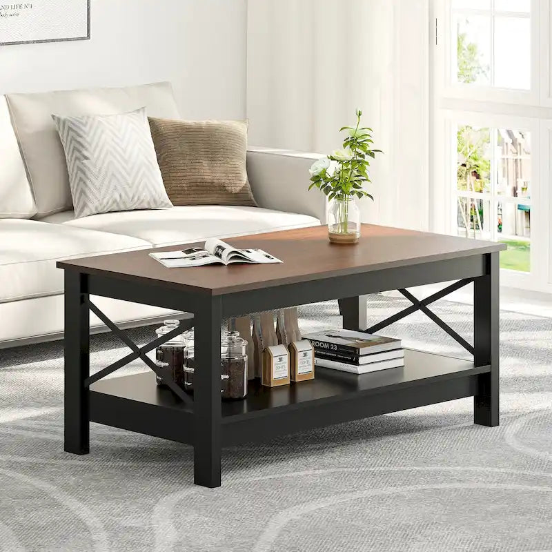 Farmhouse Wood Accent Coffee Table with Large Storage Shelf