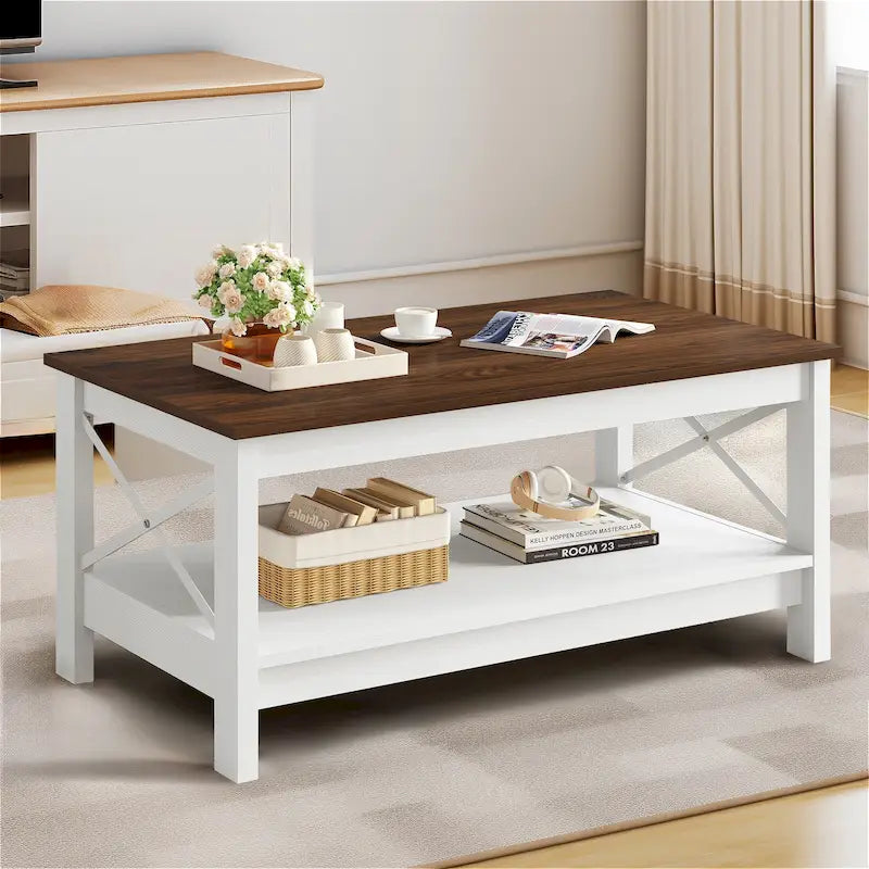 Farmhouse Wood Accent Coffee Table with Large Storage Shelf