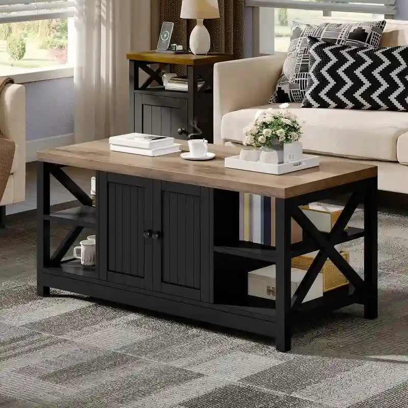 Farmhouse Wood Accent Coffee Table with Large Storage Shelf