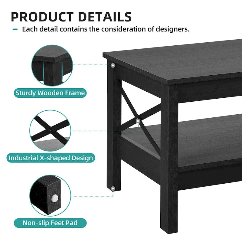 Table basse d'appoint en bois style rustique avec grande étagère de rangement