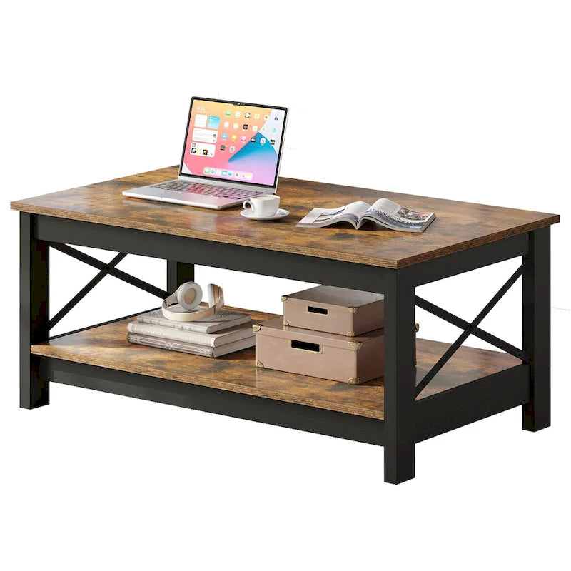 Table basse d'appoint en bois style rustique avec grande étagère de rangement