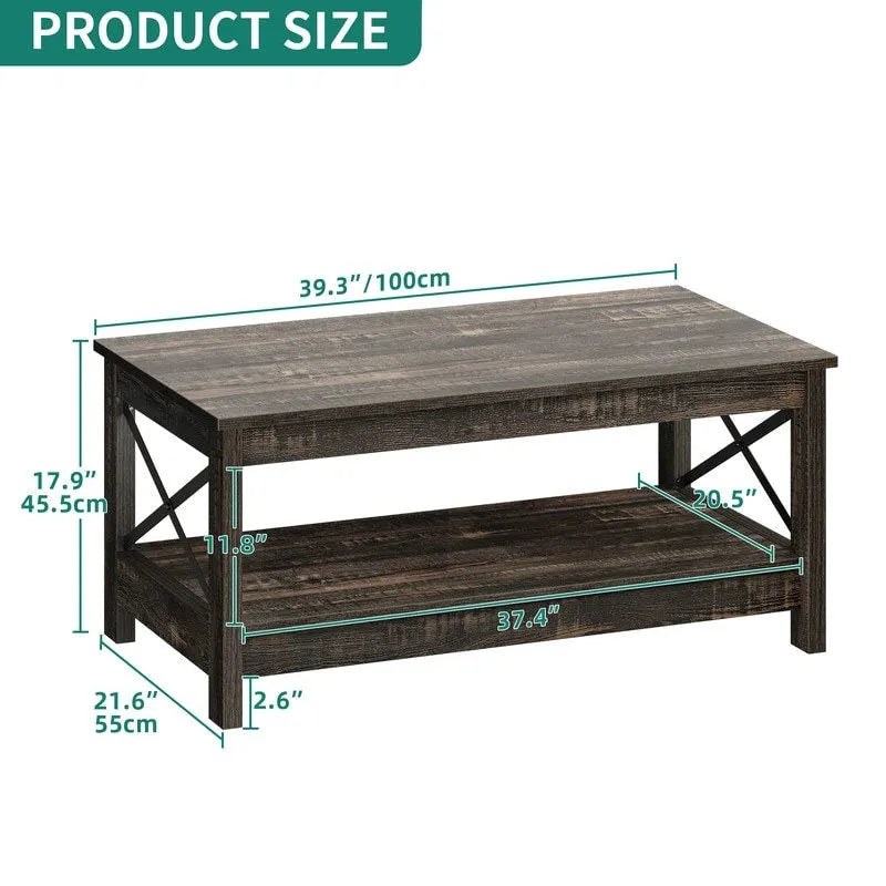 Table basse d'appoint en bois style rustique avec grande étagère de rangement