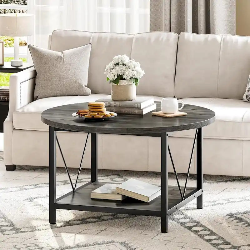 Industrial 2-Tier Round Coffee Table with Shelf