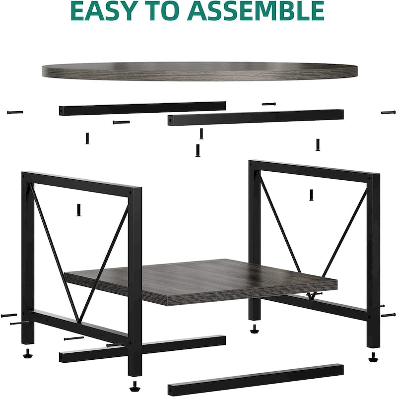 Industrial 2-Tier Round Coffee Table with Shelf
