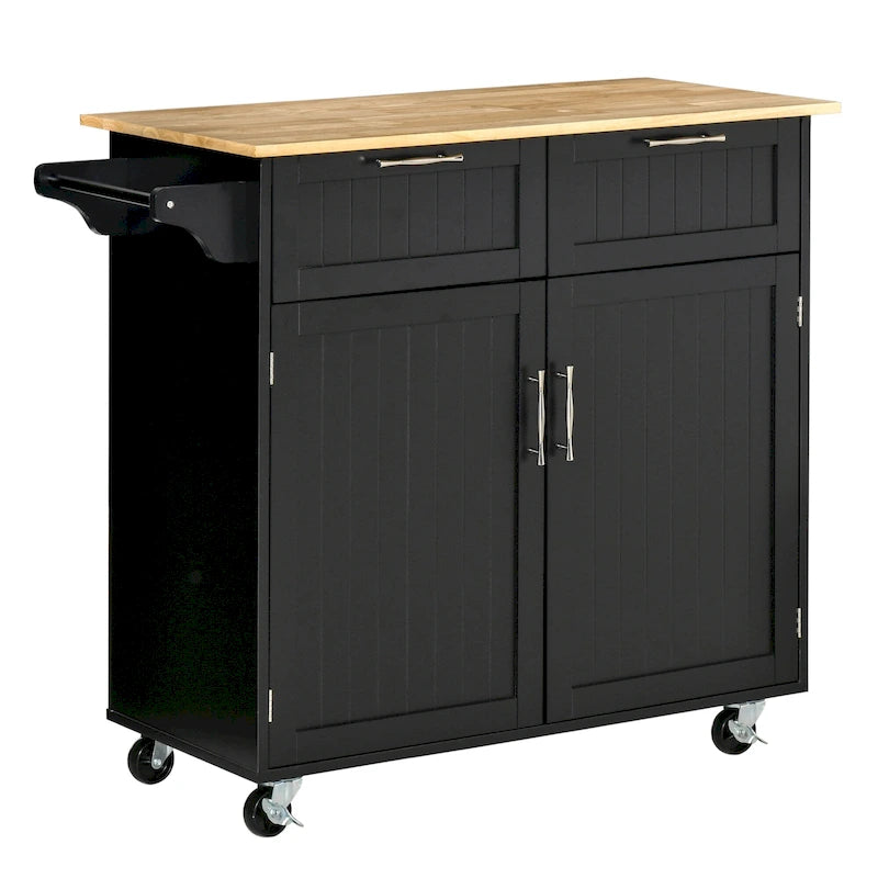 41 îlot de cuisine roulant moderne, chariot de rangement de cuisine avec dessus en bois de caoutchouc, 2 tiroirs et porte-serviettes