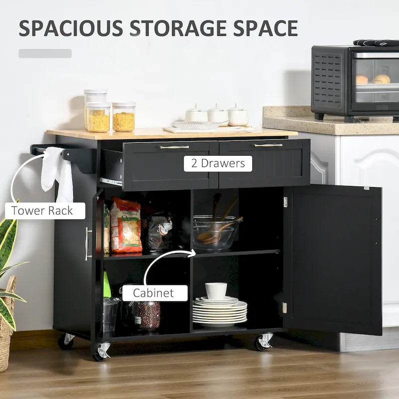41 îlot de cuisine roulant moderne, chariot de rangement de cuisine avec dessus en bois de caoutchouc, 2 tiroirs et porte-serviettes