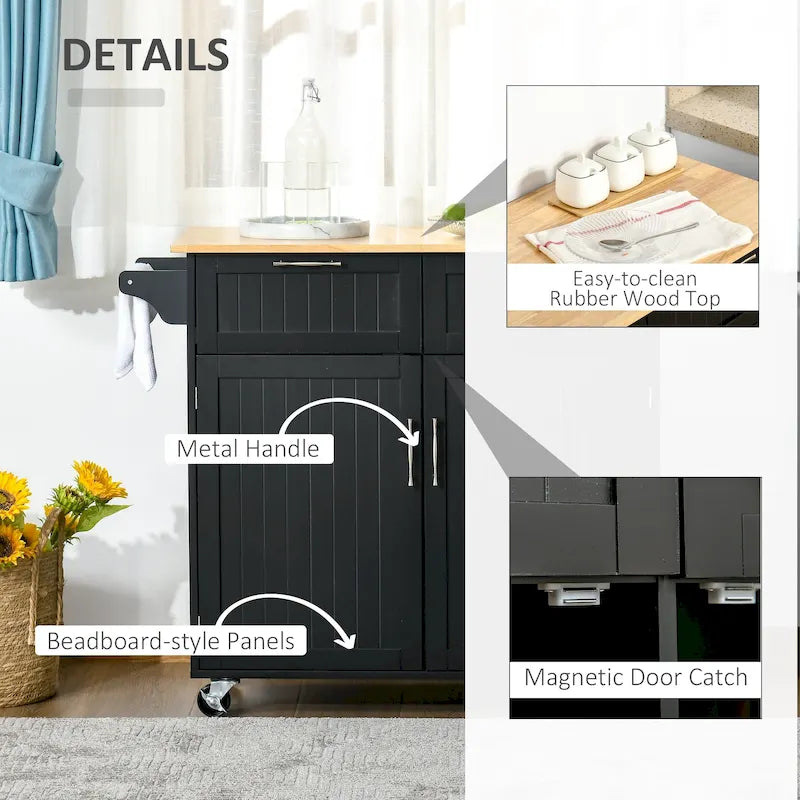 41 îlot de cuisine roulant moderne, chariot de rangement de cuisine avec dessus en bois de caoutchouc, 2 tiroirs et porte-serviettes