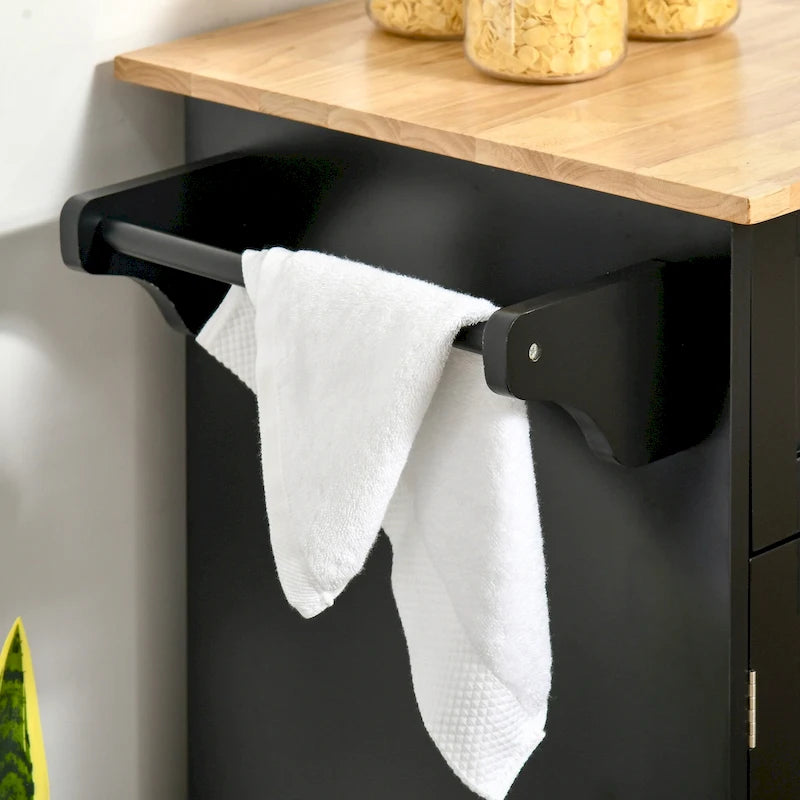 41 îlot de cuisine roulant moderne, chariot de rangement de cuisine avec dessus en bois de caoutchouc, 2 tiroirs et porte-serviettes