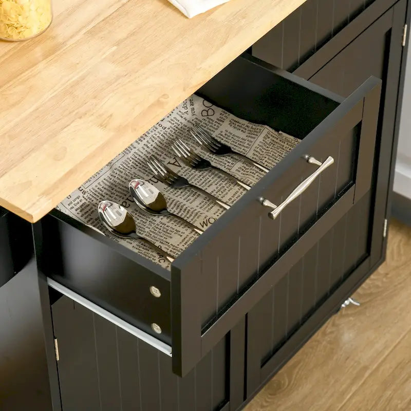 41 îlot de cuisine roulant moderne, chariot de rangement de cuisine avec dessus en bois de caoutchouc, 2 tiroirs et porte-serviettes