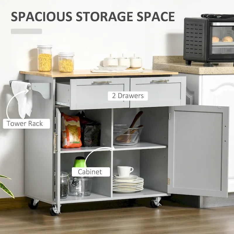 41 îlot de cuisine roulant moderne, chariot de rangement de cuisine avec dessus en bois de caoutchouc, 2 tiroirs et porte-serviettes