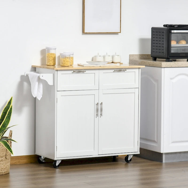 41 îlot de cuisine roulant moderne, chariot de rangement de cuisine avec dessus en bois de caoutchouc, 2 tiroirs et porte-serviettes