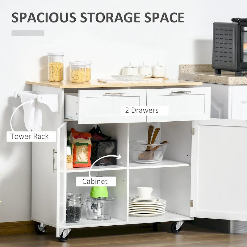 41 îlot de cuisine roulant moderne, chariot de rangement de cuisine avec dessus en bois de caoutchouc, 2 tiroirs et porte-serviettes