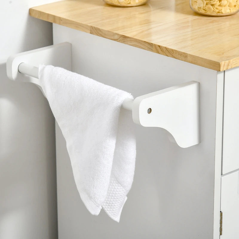 41 îlot de cuisine roulant moderne, chariot de rangement de cuisine avec dessus en bois de caoutchouc, 2 tiroirs et porte-serviettes