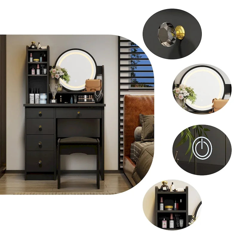 Coiffeuse avec miroir tactile et tabouret
