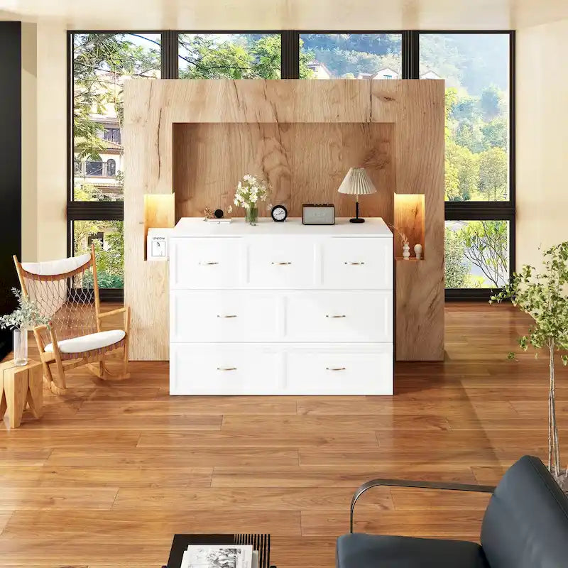 Lit double avec commode et tiroir convertible en meuble cube