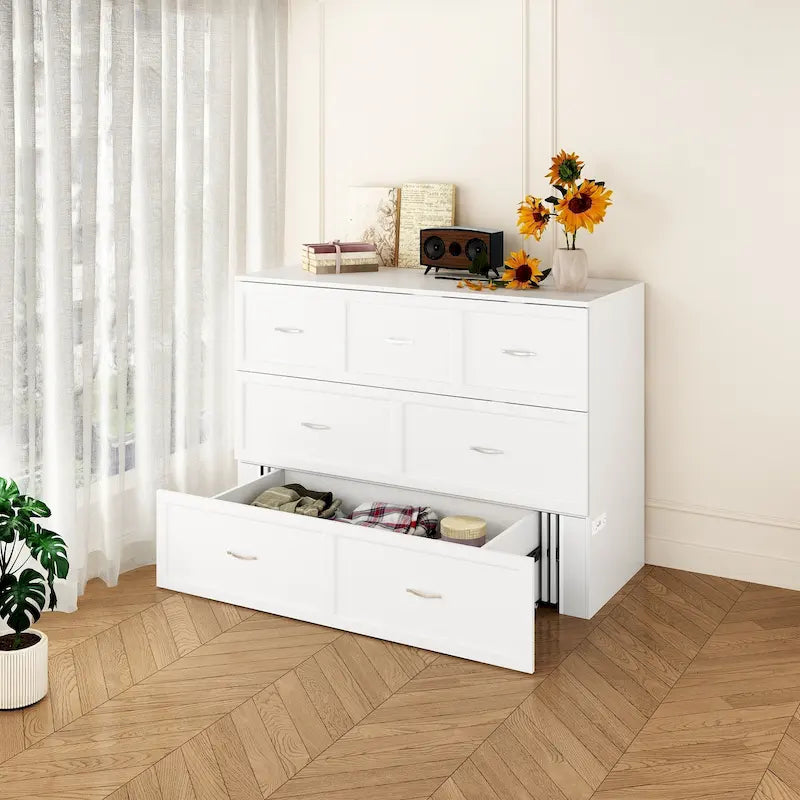 Lit double avec commode et tiroir convertible en meuble cube