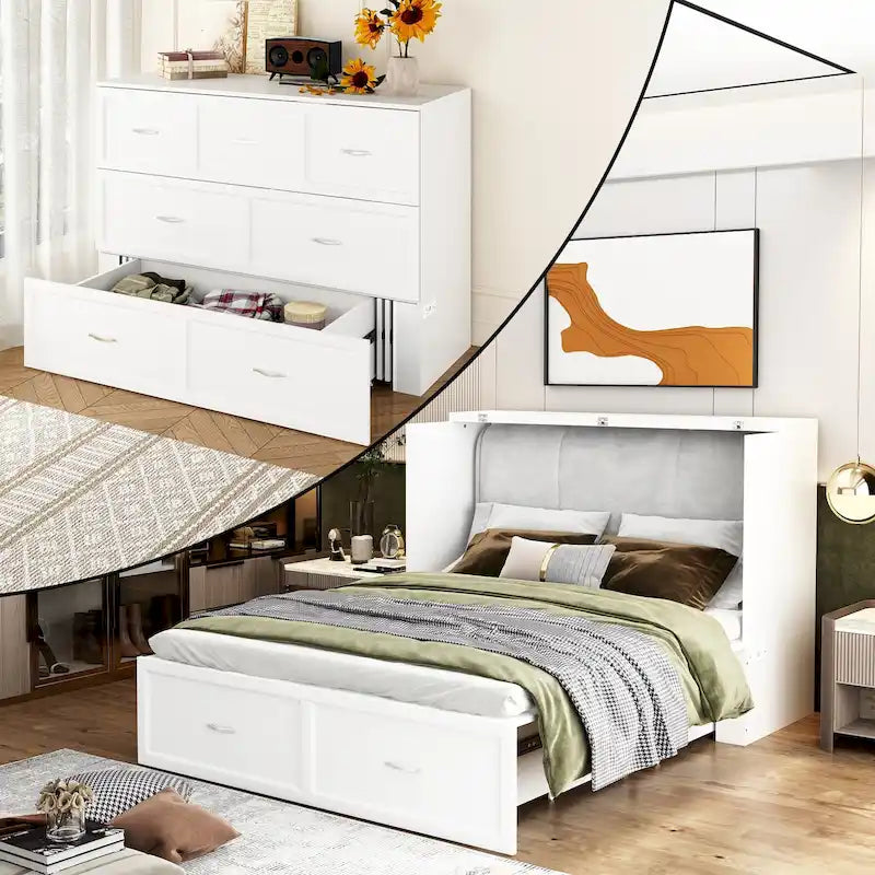 Lit double avec commode et tiroir convertible en meuble cube