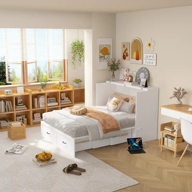 Lit double avec commode et tiroir convertible en meuble cube
