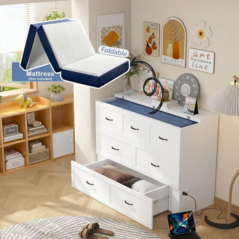 Lit double avec commode et tiroir convertible en meuble cube