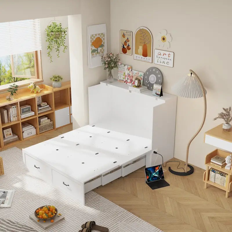 Lit double avec commode et tiroir convertible en meuble cube