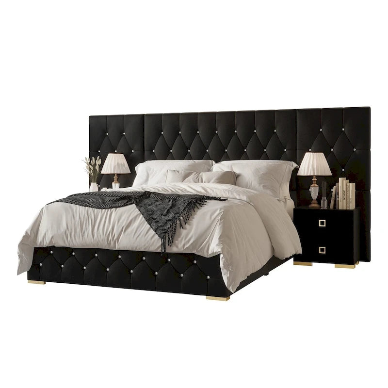 Lit plateforme capitonné en velours luxueux avec panneaux muraux