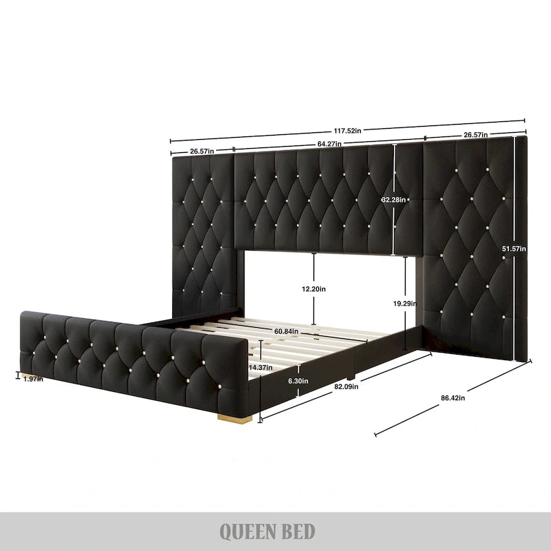 Lit plateforme capitonné en velours luxueux avec panneaux muraux