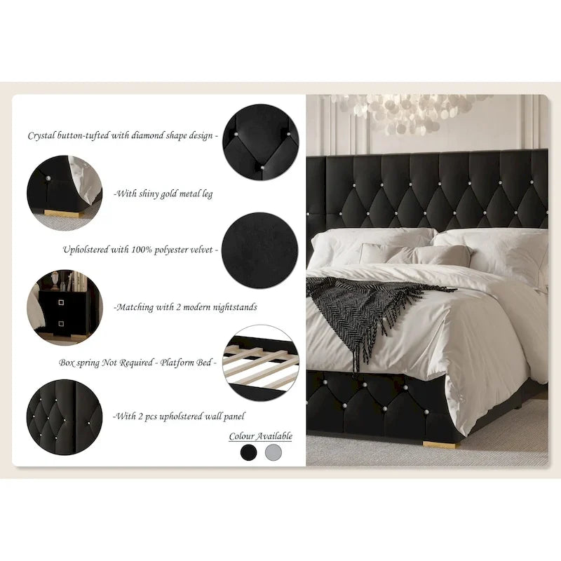 Lit plateforme capitonné en velours luxueux avec panneaux muraux