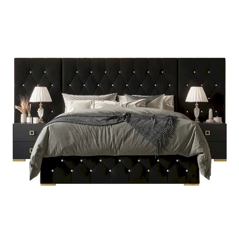Lit plateforme capitonné en velours luxueux avec panneaux muraux